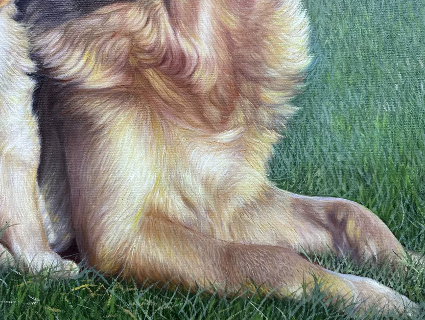 "The Sanctuary of Pure Devotion" - Museum-Grade Original Hyperrealistic Golden Retriever Family Landscape Oil Painting by First-Class Artist Fang Longhao | 73x47cm Hand-Painted Masterpiece on Pre-Stretched Canvas  18731