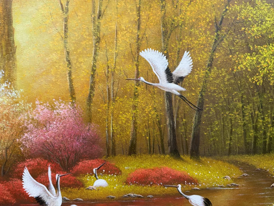 "The Sanctuary of the Golden Dawn" - Masterpiece Original Panoramic Landscape Oil Painting by First-Class Artist Ryu Il | 91x40cm Hand-Painted Epic Canvas with Five Sacred Cranes 18845