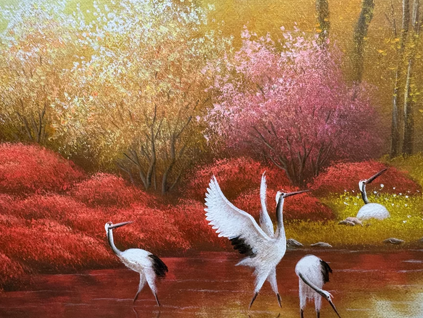 "The Sanctuary of the Golden Dawn" - Masterpiece Original Panoramic Landscape Oil Painting by First-Class Artist Ryu Il | 91x40cm Hand-Painted Epic Canvas with Five Sacred Cranes 18845