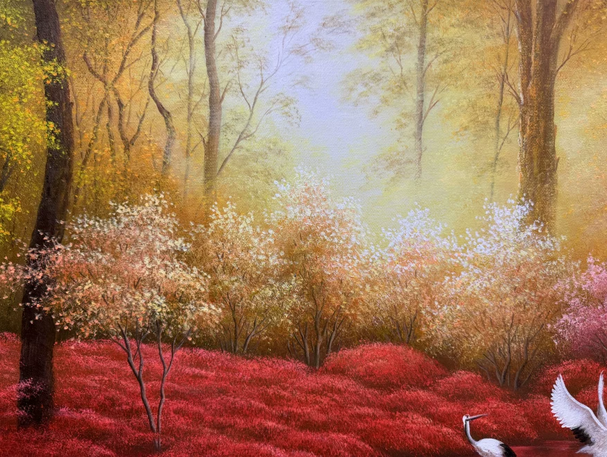 "The Sanctuary of the Golden Dawn" - Masterpiece Original Panoramic Landscape Oil Painting by First-Class Artist Ryu Il | 91x40cm Hand-Painted Epic Canvas with Five Sacred Cranes 18845