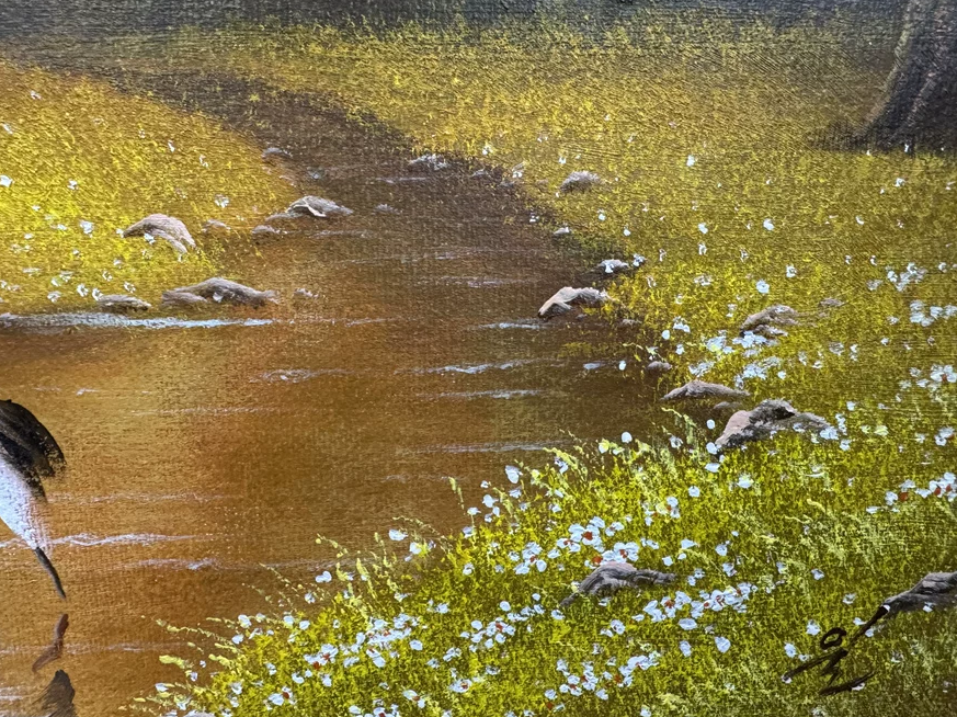 "The Sanctuary of the Golden Dawn" - Masterpiece Original Panoramic Landscape Oil Painting by First-Class Artist Ryu Il | 91x40cm Hand-Painted Epic Canvas with Five Sacred Cranes 18845