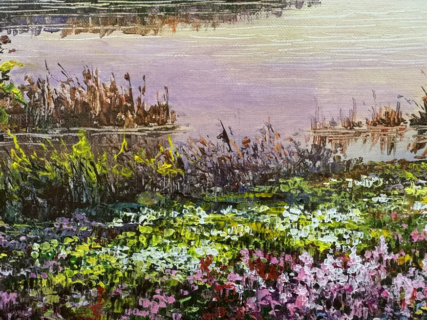 "The Chromatic Lakeshore" - Museum-Grade Original Impressionistic Palette Knife Mountain Landscape Oil Painting by First-Class Artist Han Guangnan | 70x47cm Hand-Painted Masterpiece 19134