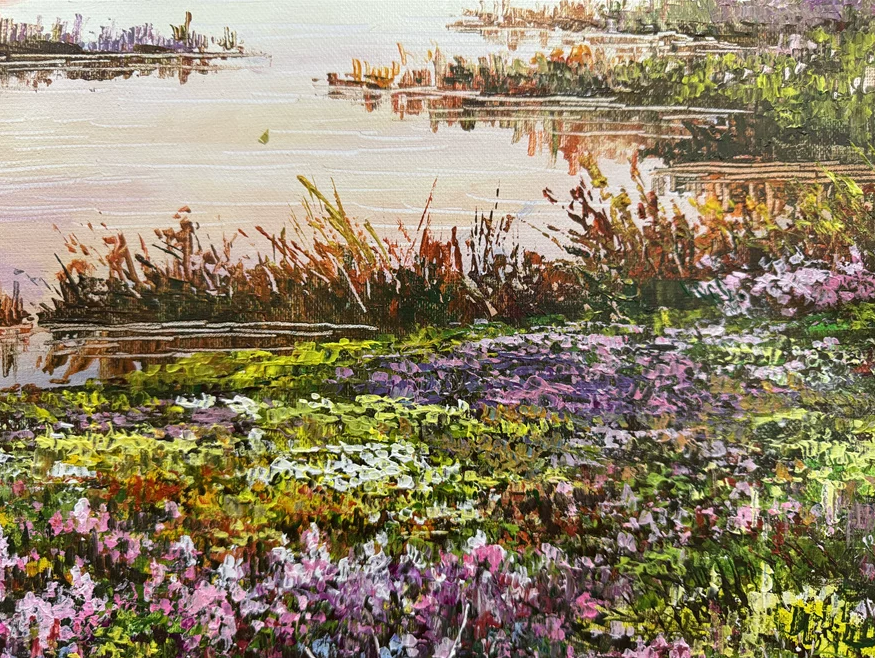 "The Chromatic Lakeshore" - Museum-Grade Original Impressionistic Palette Knife Mountain Landscape Oil Painting by First-Class Artist Han Guangnan | 70x47cm Hand-Painted Masterpiece 19134
