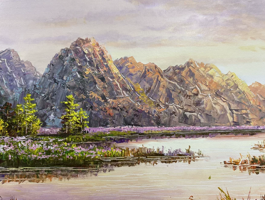 "The Chromatic Lakeshore" - Museum-Grade Original Impressionistic Palette Knife Mountain Landscape Oil Painting by First-Class Artist Han Guangnan | 70x47cm Hand-Painted Masterpiece 19134