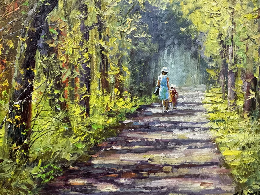 "The Path of Golden Legacy" - Masterpiece Original Vertical Landscape Oil Painting by Legendary "People's Artist" Lee Ji-sung | 53x37cm Hand-Painted Impressionistic Canopy with Strolling Mother & Child 19038