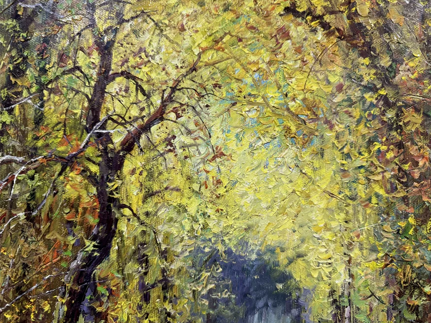 "The Path of Golden Legacy" - Masterpiece Original Vertical Landscape Oil Painting by Legendary "People's Artist" Lee Ji-sung | 53x37cm Hand-Painted Impressionistic Canopy with Strolling Mother & Child 19038
