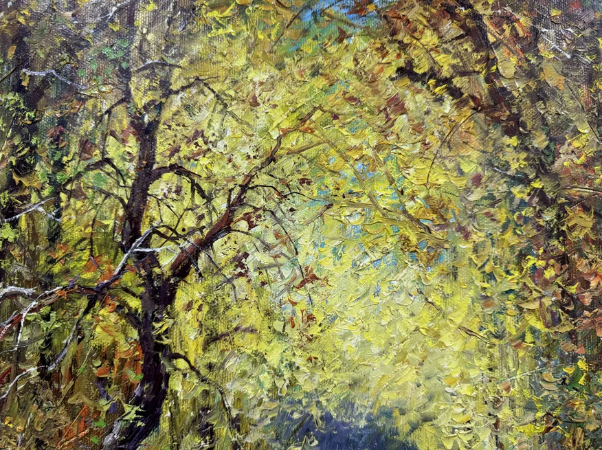 "The Path of Golden Legacy" - Masterpiece Original Vertical Landscape Oil Painting by Legendary "People's Artist" Lee Ji-sung | 53x37cm Hand-Painted Impressionistic Canopy with Strolling Mother & Child 19038