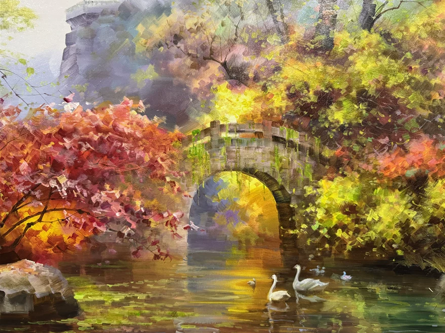 "The Radiant Arch Bridge & Stream" - Museum-Grade Original Impressionistic Autumn Landscape Oil Painting by First-Class Artist Park Hyun-chul | 90x57cm Hand-Painted Masterpiece 18956