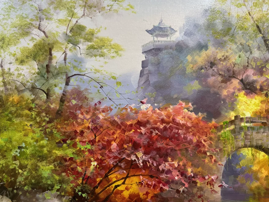 "The Radiant Arch Bridge & Stream" - Museum-Grade Original Impressionistic Autumn Landscape Oil Painting by First-Class Artist Park Hyun-chul | 90x57cm Hand-Painted Masterpiece 18956