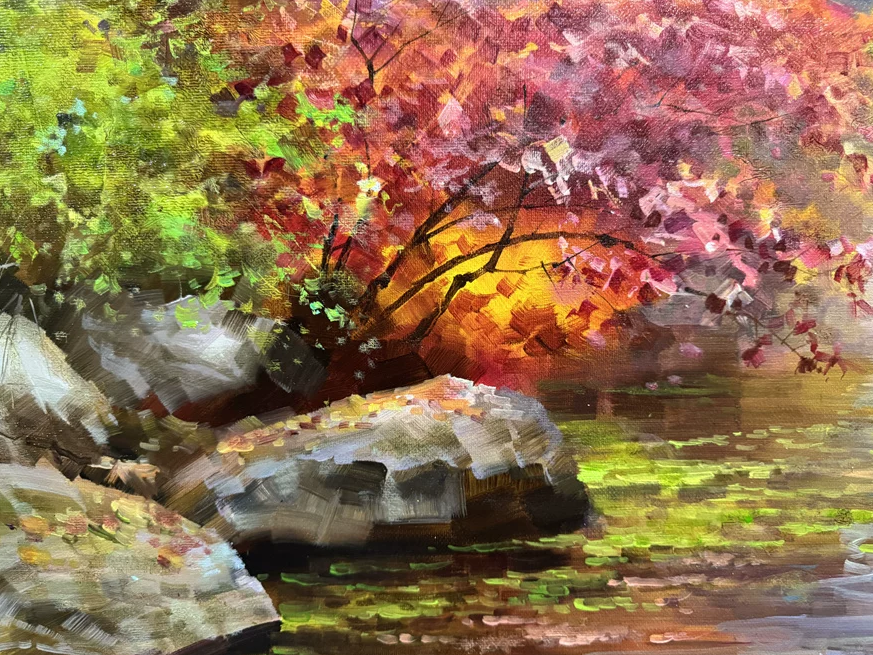 "The Radiant Arch Bridge & Stream" - Museum-Grade Original Impressionistic Autumn Landscape Oil Painting by First-Class Artist Park Hyun-chul | 90x57cm Hand-Painted Masterpiece 18956