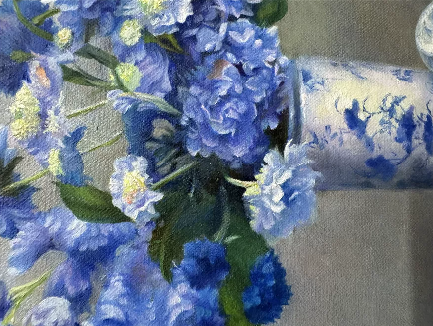 Original Hand-Painted Blue Floral Still Life Oil Painting by Chen Cheng | First-Class North Korean Artist 19810