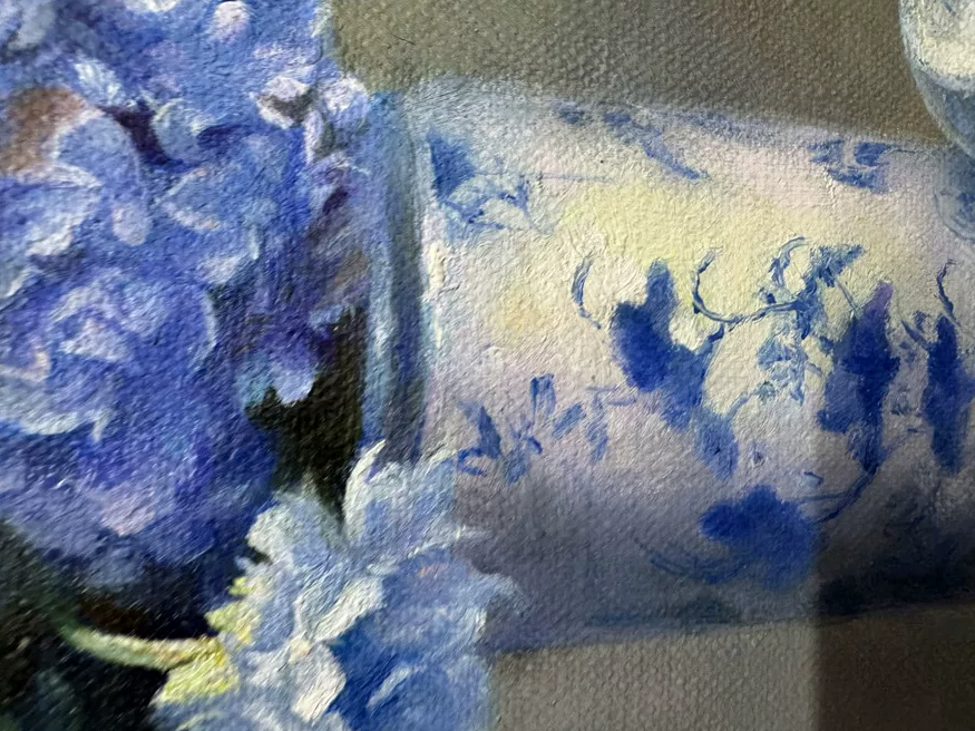 Original Hand-Painted Blue Floral Still Life Oil Painting by Chen Cheng | First-Class North Korean Artist 19810