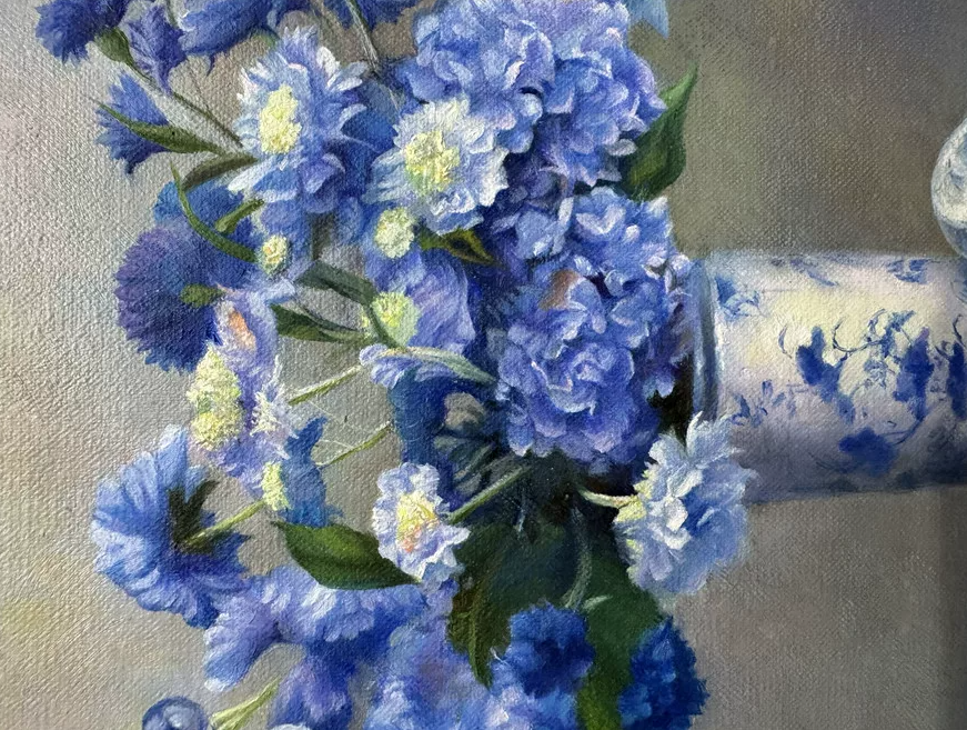 Original Hand-Painted Blue Floral Still Life Oil Painting by Chen Cheng | First-Class North Korean Artist 19810