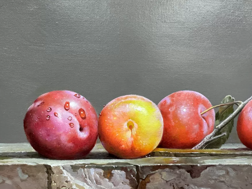 Original Hand-Painted Plum Still Life Oil Painting by Lee Jin Joo | First-Class North Korean Artist 19852
