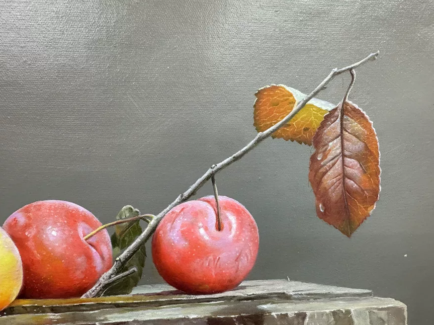 Original Hand-Painted Plum Still Life Oil Painting by Lee Jin Joo | First-Class North Korean Artist 19852