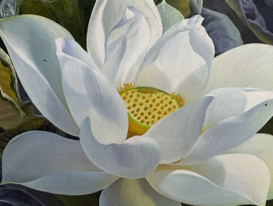 Original Hand-Painted White Lotus Oil Painting by Kim Seol Kyung | First-Class North Korean Artist 19845