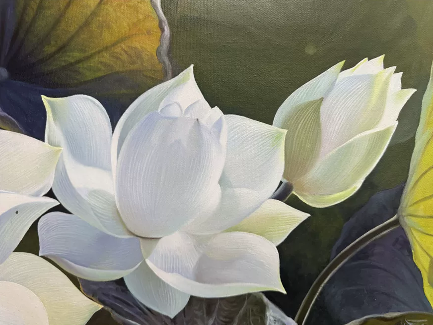 Original Hand-Painted White Lotus Oil Painting by Kim Seol Kyung | First-Class North Korean Artist 19845