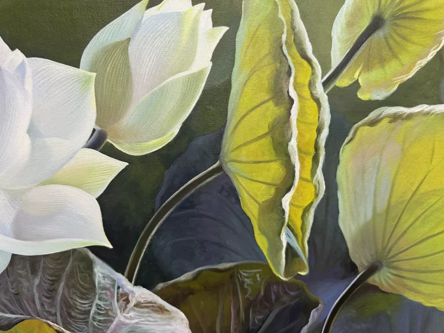 Original Hand-Painted White Lotus Oil Painting by Kim Seol Kyung | First-Class North Korean Artist 19845