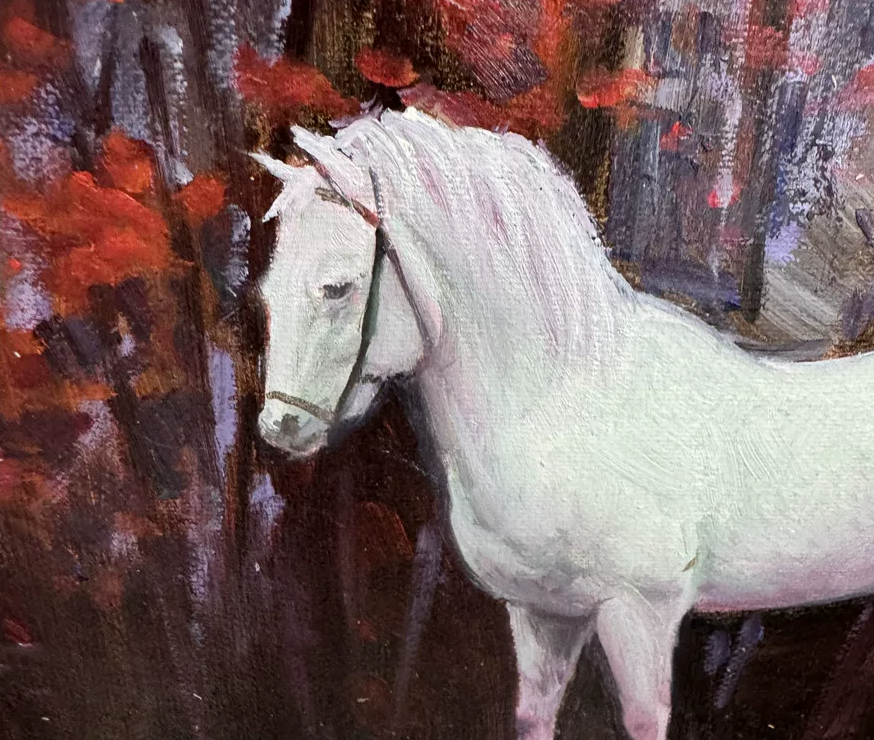 Original White Horse Autumn Forest Oil Painting by Xu Zheng Zhe | First-Class North Korean Landscape Artist 19858