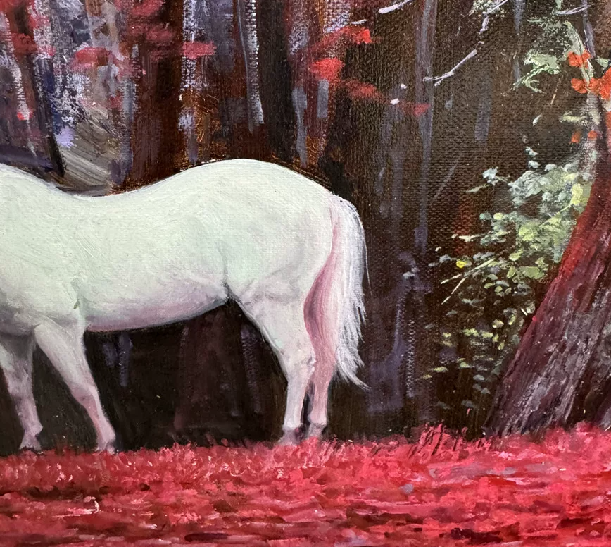 Original White Horse Autumn Forest Oil Painting by Xu Zheng Zhe | First-Class North Korean Landscape Artist 19858