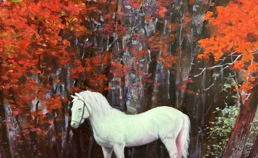 Original White Horse Autumn Forest Oil Painting by Xu Zheng Zhe | First-Class North Korean Landscape Artist 19858