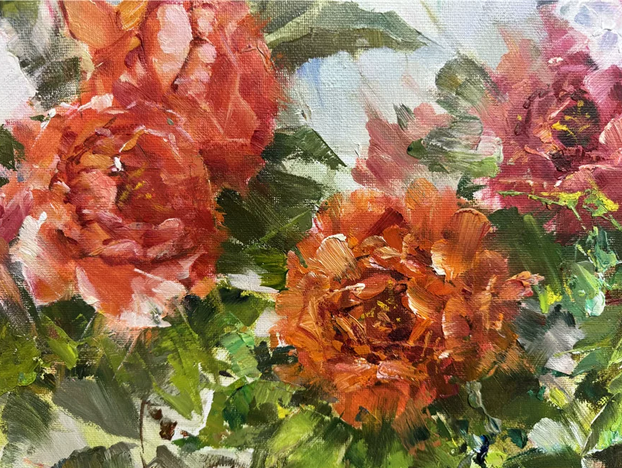 Original Hand-Painted Peony Flower Oil Painting by Hong Jin Sun | Luxury Floral Artwork 19956