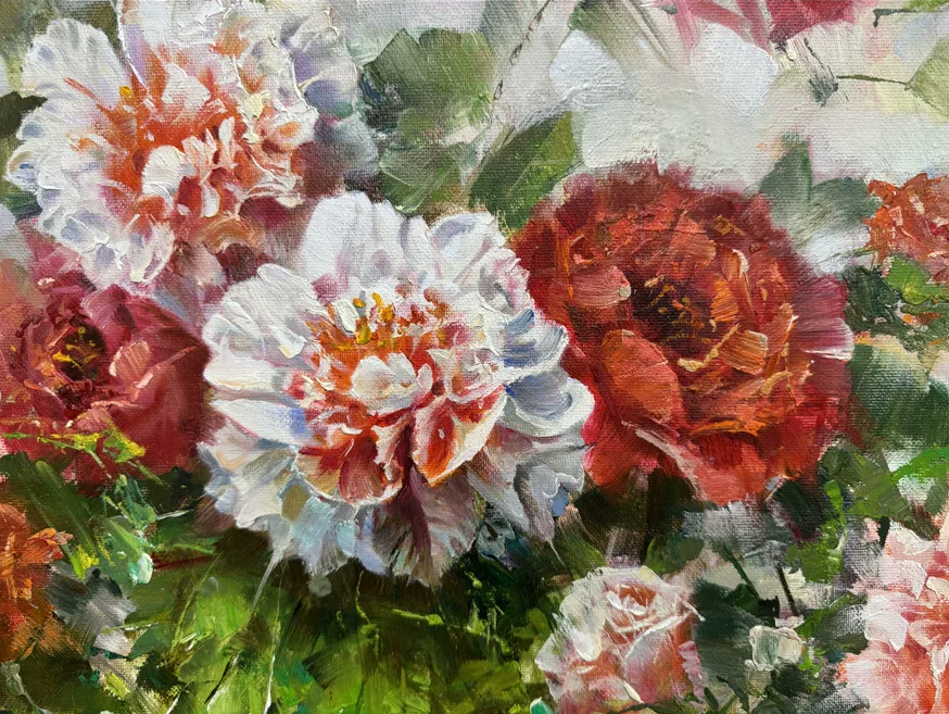 Original Hand-Painted Peony Flower Oil Painting by Hong Jin Sun | Luxury Floral Artwork 19956