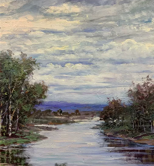 Cattle Pasture Oil Painting by Li Ji Cheng | Original North Korean Landscape Art 19022