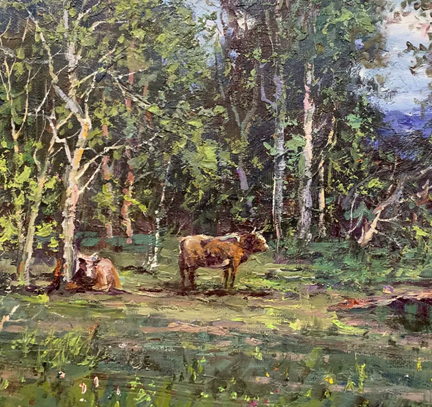 Cattle Pasture Oil Painting by Li Ji Cheng | Original North Korean Landscape Art 19022