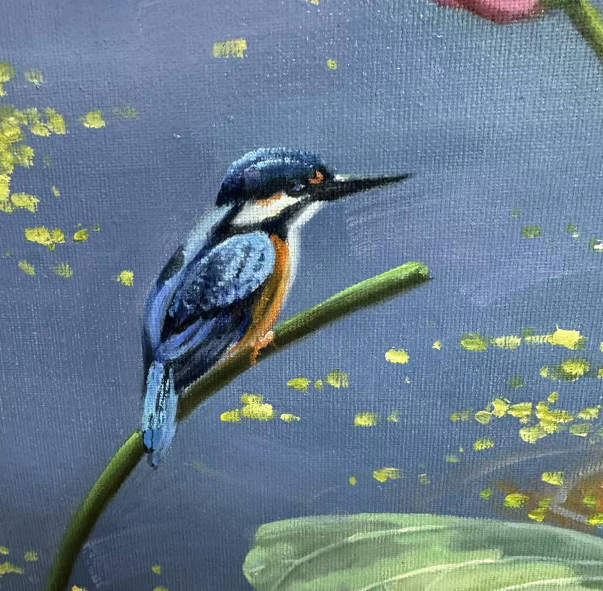 Lotus Pond Oil Painting by Wei De, Hand Painted Original Art 19955