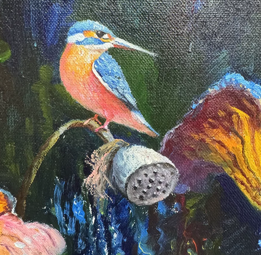 Kim Chul “Kingfisher and Lotus Fragrance” Original Lotus Oil Painting 19900