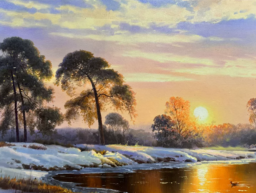 North Korean Oil Painting “Twilight Snow Melt” by Bae Myung-Hoon 18958
