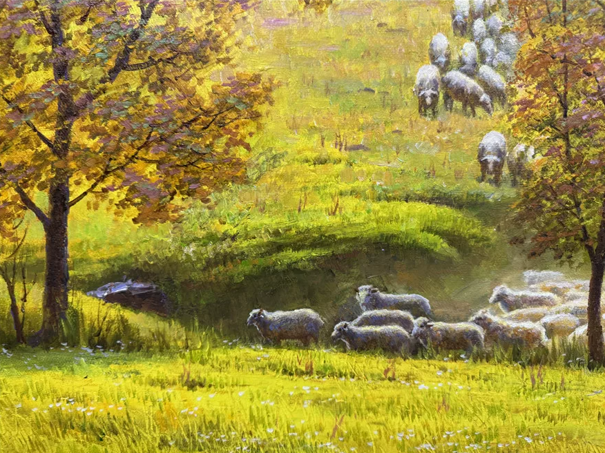 “Shepherding” by Quan Jin | North Korean Landscape Oil Painting 20011