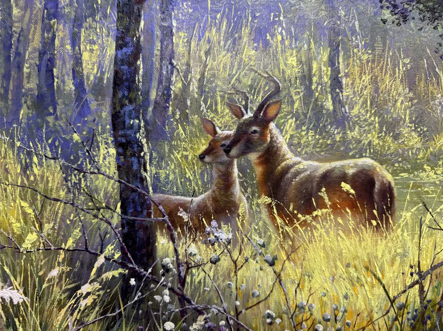 “Deer in the Deep Forest” by Li Mingcheng | Landscape Oil Painting 20012