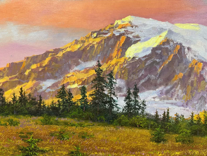 Golden Mountain Sunset Landscape Oil Painting by Quan Jin 20015