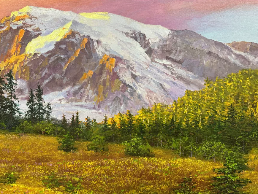 Golden Mountain Sunset Landscape Oil Painting by Quan Jin 20015