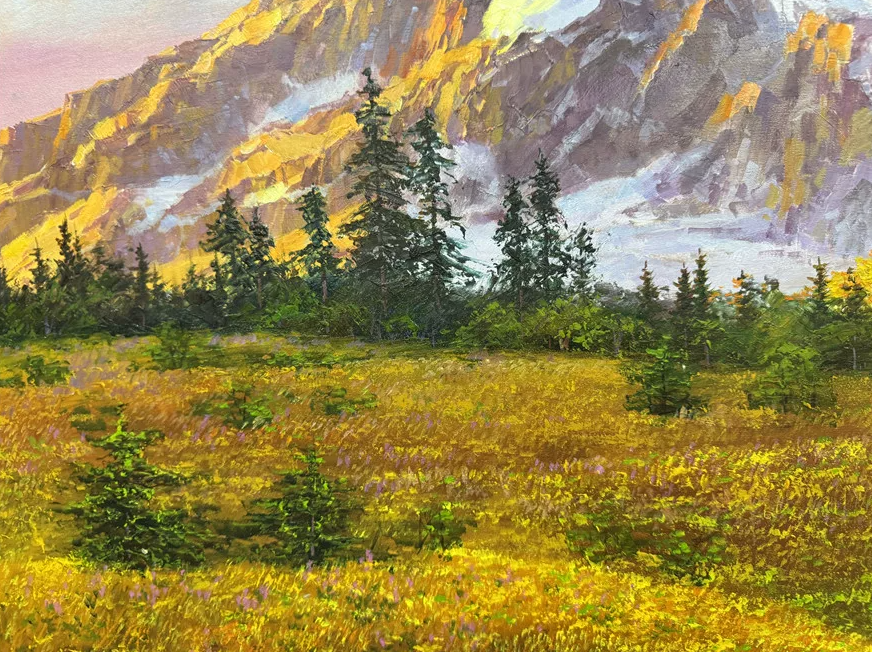 Golden Mountain Sunset Landscape Oil Painting by Quan Jin 20015