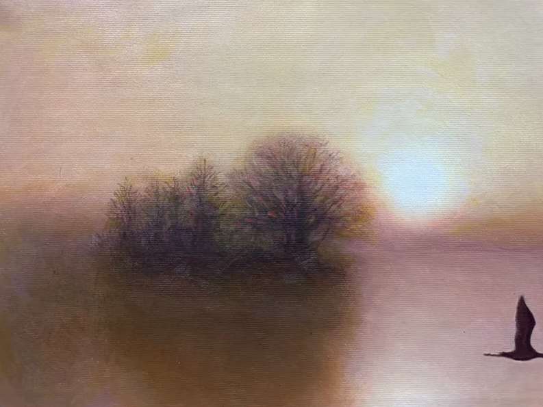 North Korean Sunset Landscape Oil Painting by Kim Cheol Nam “Lone Swan” 20009