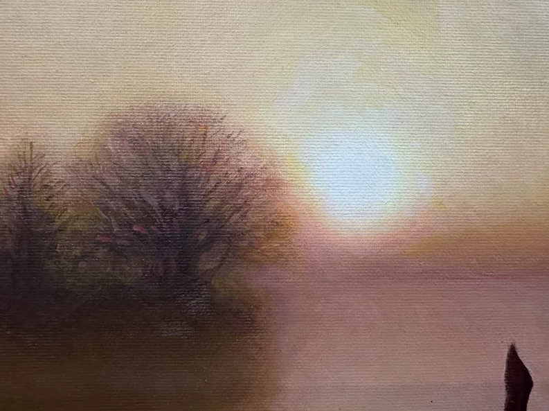 North Korean Sunset Landscape Oil Painting by Kim Cheol Nam “Lone Swan” 20009