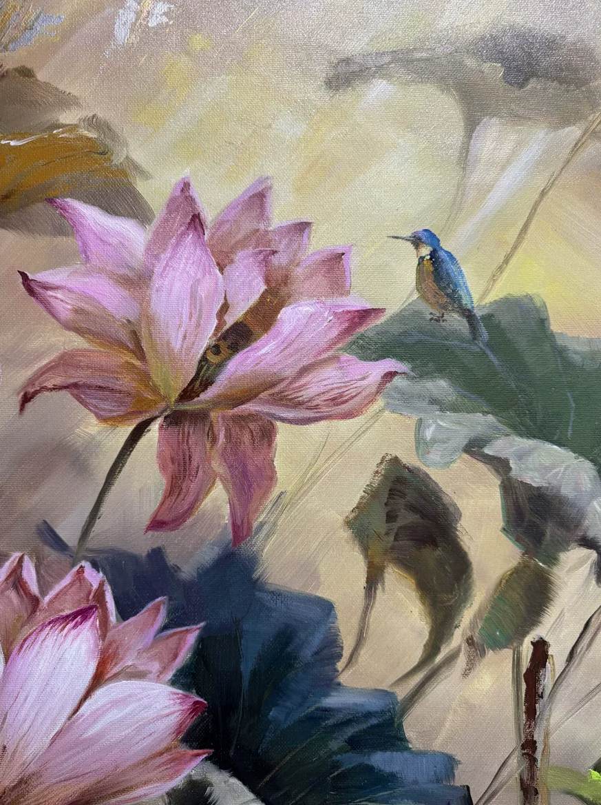 Original Lotus Flower Oil Painting by Wu Chengjin – Elegant Floral Art 19993