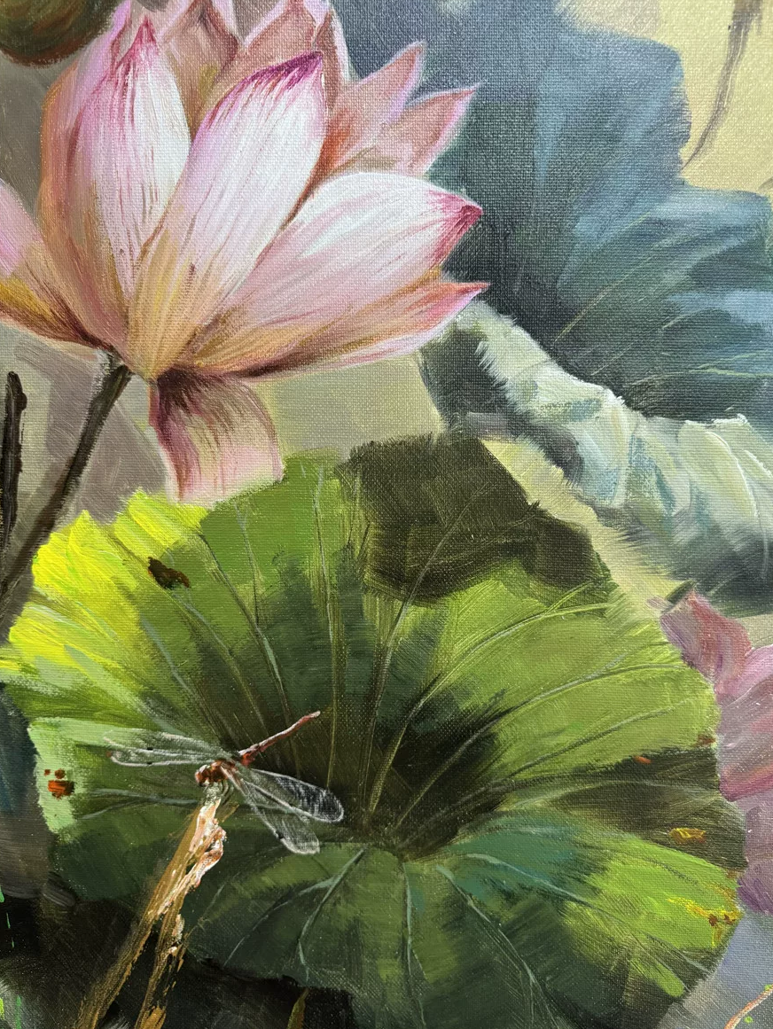 Original Lotus Flower Oil Painting by Wu Chengjin – Elegant Floral Art 19993