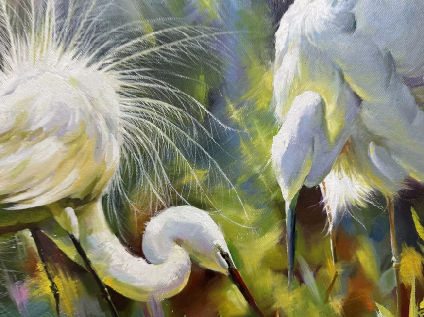 Original Animal Oil Painting “Egret Song in the Green Shade” by First-Class Painter Li Zhejin DMC139