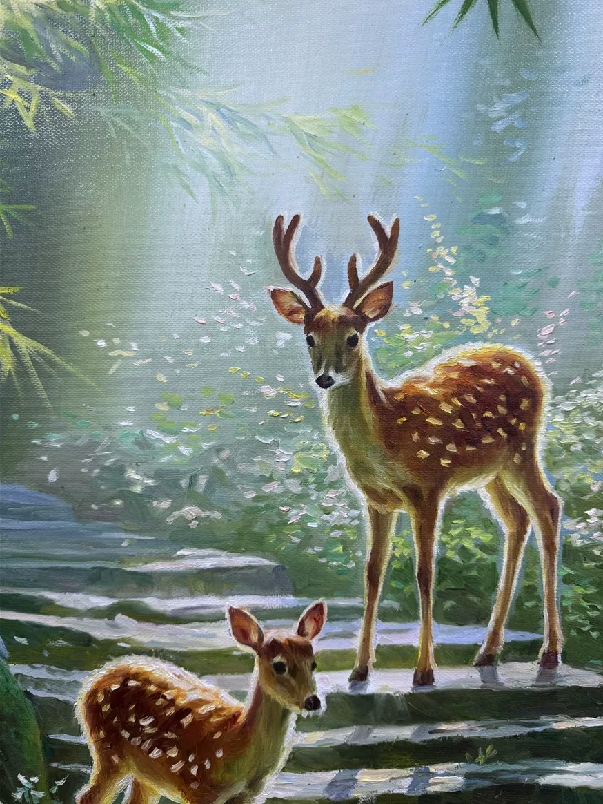 Bamboo Forest Deer Oil Painting by Choi Jin Hyuk – Hand-Painted Landscape Art 20068