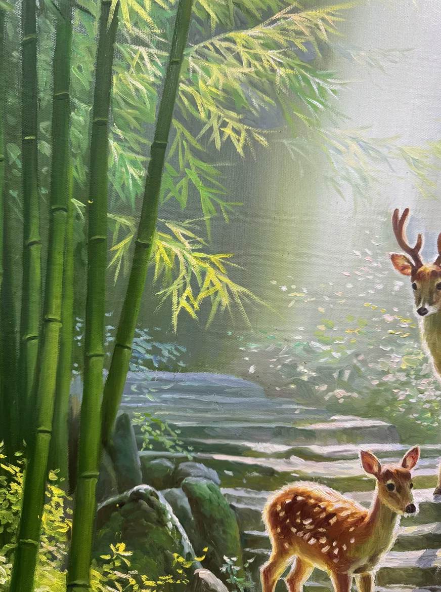 Bamboo Forest Deer Oil Painting by Choi Jin Hyuk – Hand-Painted Landscape Art 20068