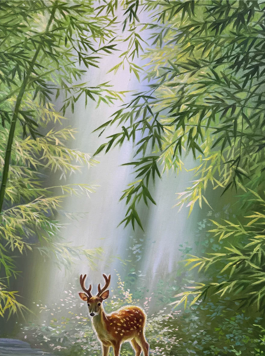 Bamboo Forest Deer Oil Painting by Choi Jin Hyuk – Hand-Painted Landscape Art 20068