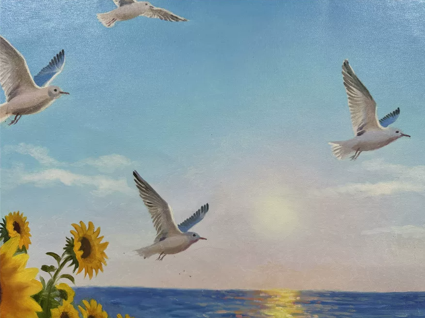 Sunflower Seaside Oil Painting by Huang Yong Il – Hand-Painted Wall Art 20071