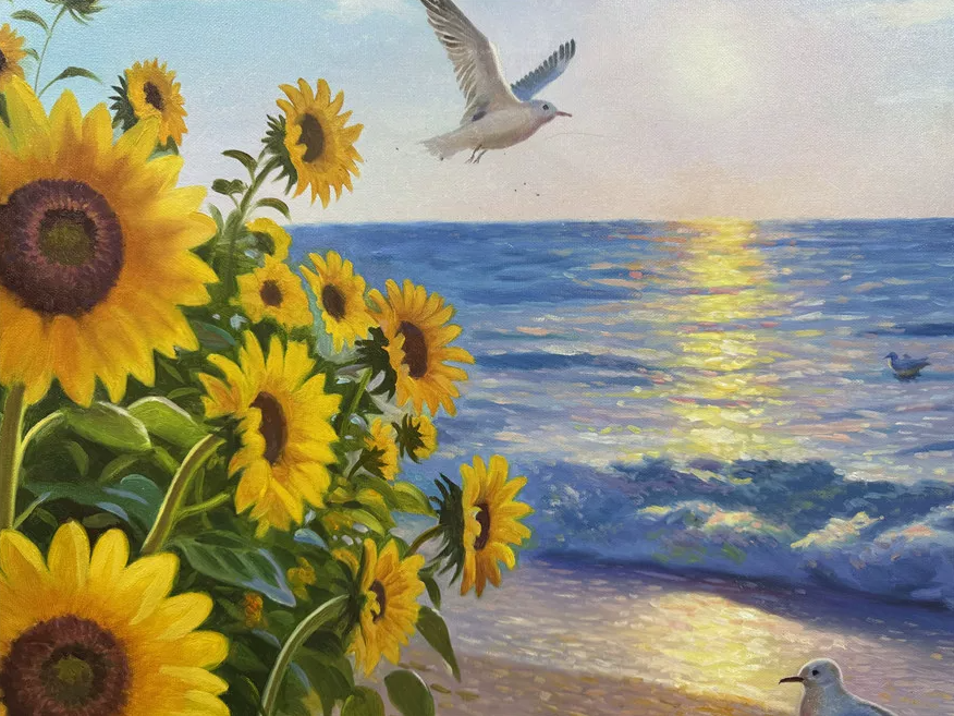 Sunflower Seaside Oil Painting by Huang Yong Il – Hand-Painted Wall Art 20071