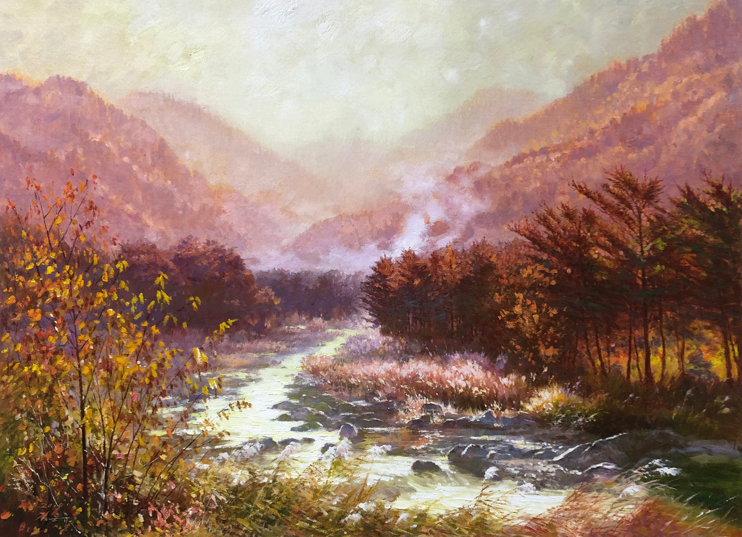Original Oil Painting – Sunset | Hand‑Painted Impressionist Autumn Mountain Stream Landscape Art by Kim Moon Gyu br1358