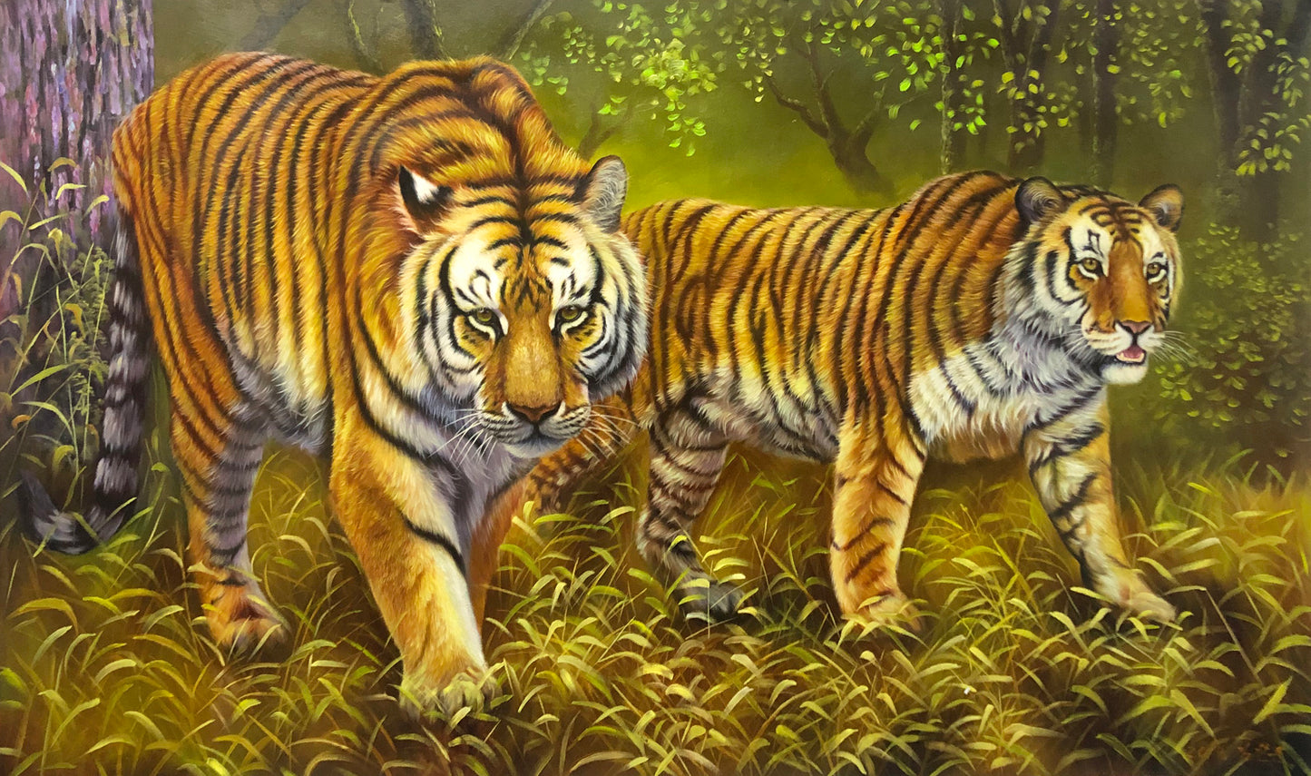 Original Oil Painting – King of the Mountain Forest | Hand-Painted Realistic Twin Tigers Animal Art by Kim Chul Jun br1436