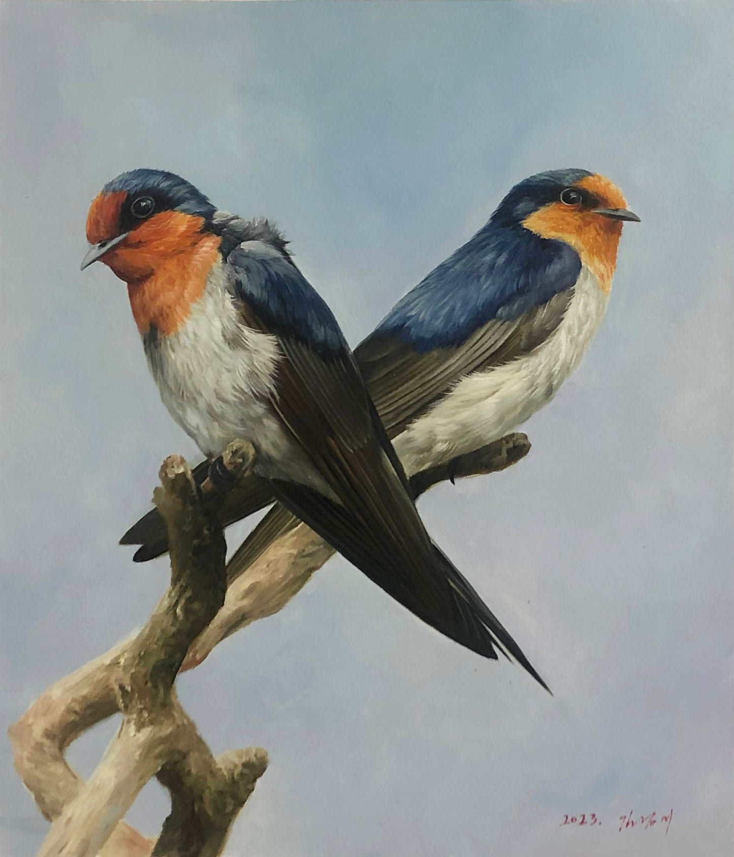 Original Oil Painting – Swallows | Hand-Painted Hyper-Realist Bird & Animal Art by Kim Kyung Mi G2333
